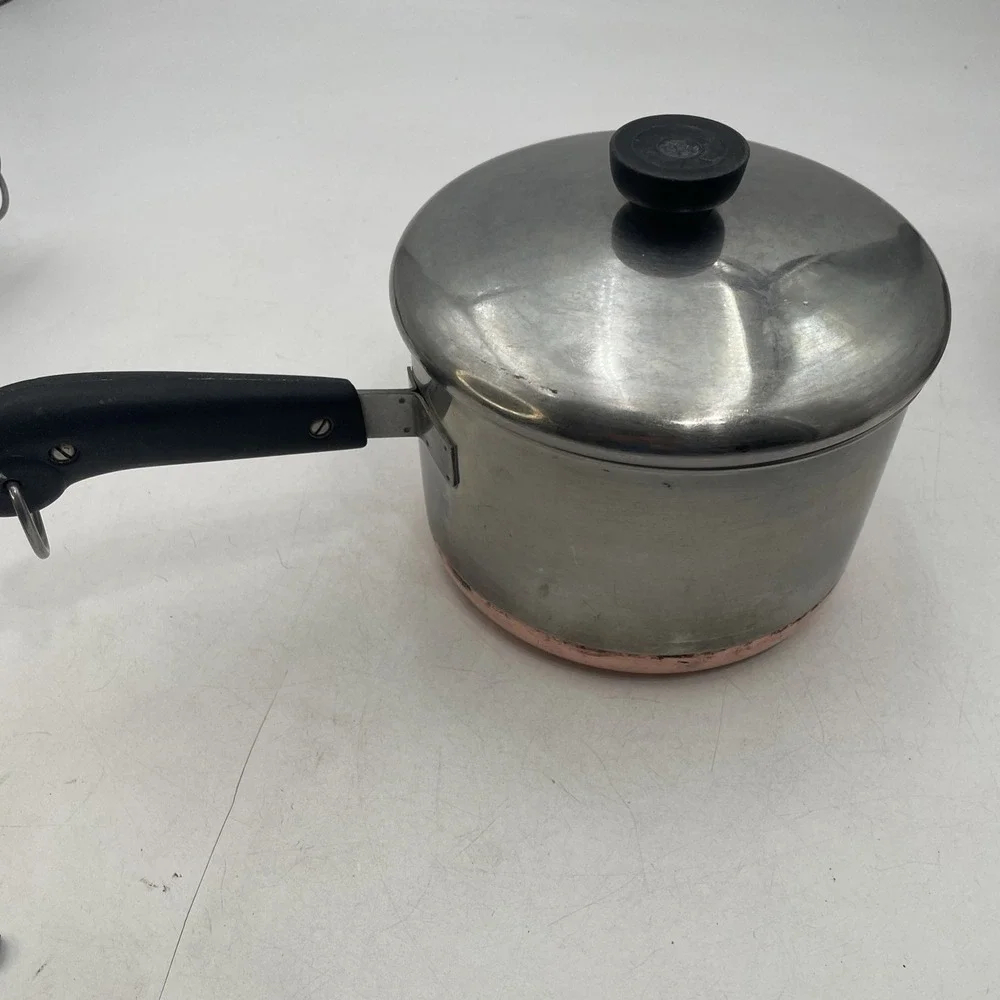 Vtg RevereWare Copper Bottom Saucepan Lot of 4 Pots+3 Lids 4qt 3qt 2qt 1qt-Clean